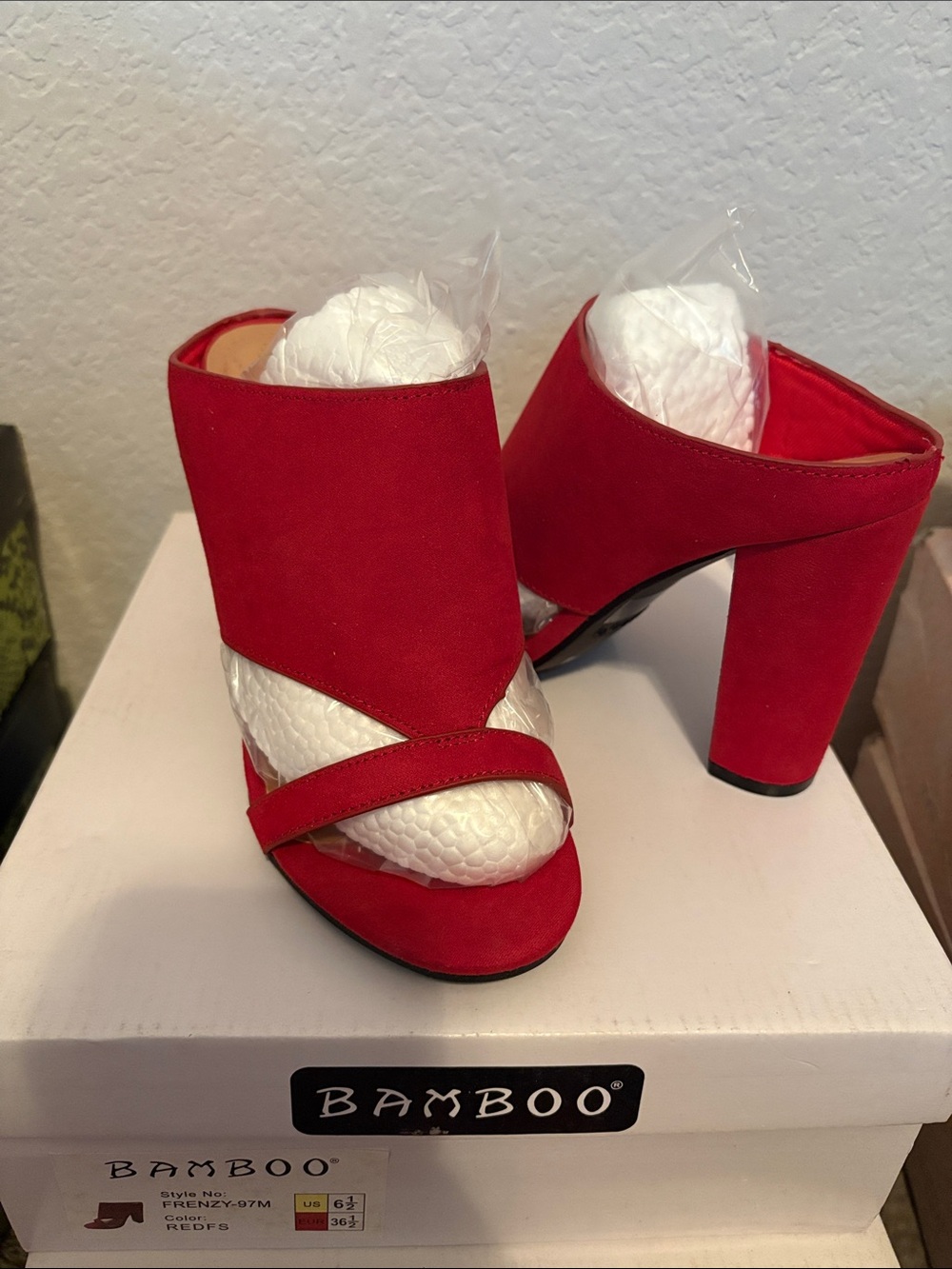 BAMBOO Red Suede Open-Toe Block Heel Mules